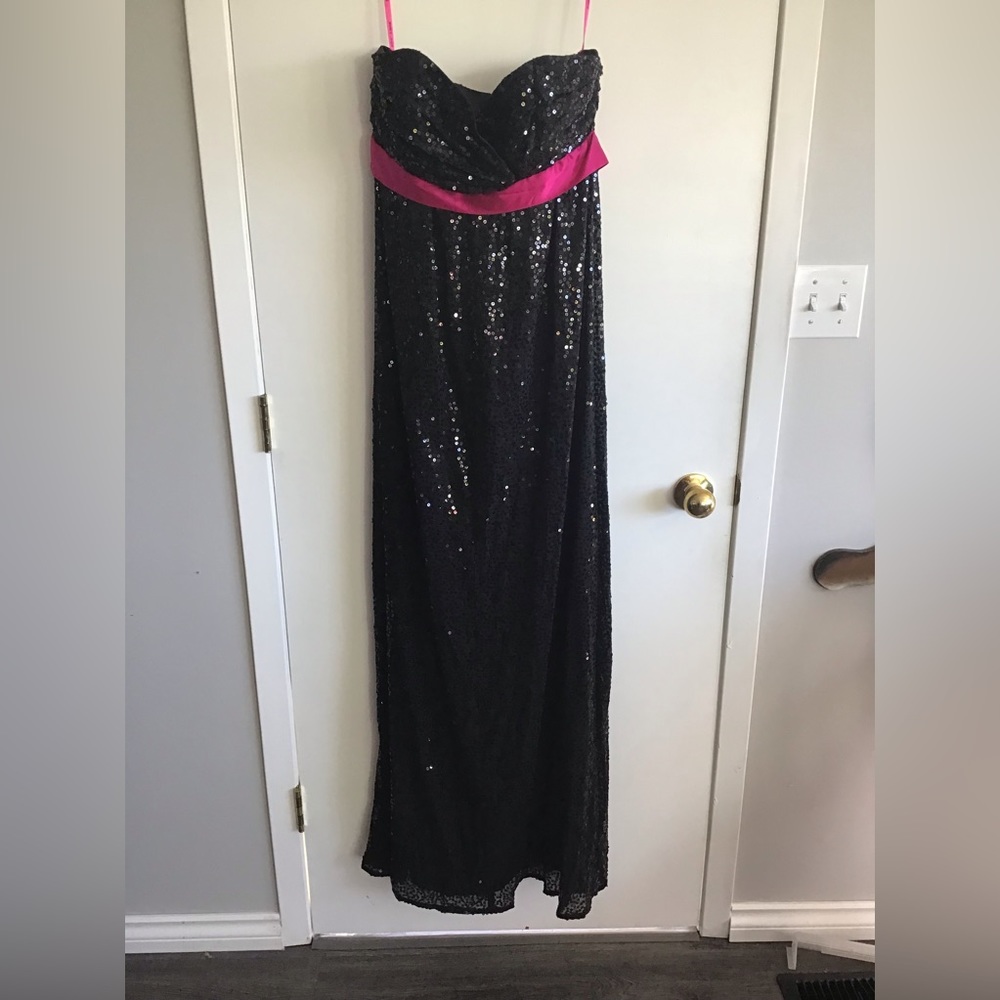 NWT Betsey Johnson Black/Pink All Sequin Sweetheart Strapless Long Dress Sz 10